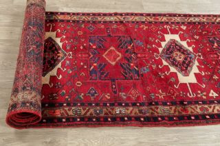 Geometric Gharajeh Oriental Runner Rug Wool Hand - Knotted 4x10 Red Hallway Carpet