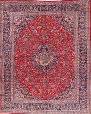 Vintage Traditional Floral Red Mashaad Area Rug Living Room Hand - Knotted 10x13