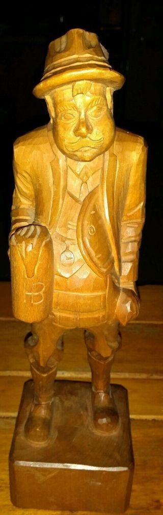 Vintage Folk Art Wood Statue Man Wood Hand Carved Carrying Beer Unusual