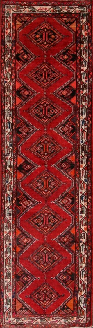 Hamadan Persian Oriental Wool Hand - Knotted Geometric 4x13 Red Runner Rug Carpet