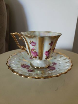 Vtg Royal Sealy China Pink Purple Roses Floral Tea Cup & Saucer Iridescence Gold