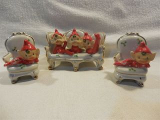 Vintage Japan Ceramic Christmas Red Pixie Elves On Couch And Chairs Set Of 3