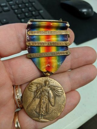 Wwi Us Army Victory Medal W/three Bars Full - Wrap Broach