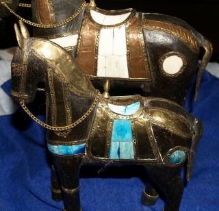 2 Vintage Carved Wooden War Horse Sculptures With Inlaid Copper Armor