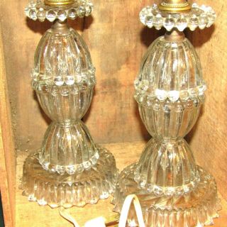 2 VINTAGE MATCHING SMALL FANCY CLEAR GLASS ELECTRIC LAMPS - LOOK 2