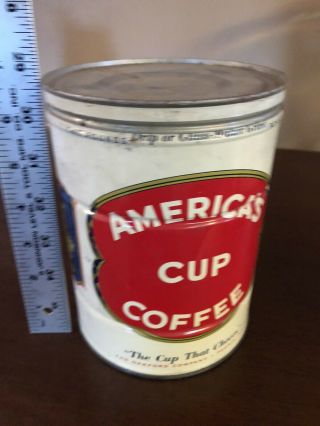 Americas Cup Vintage Coffee Can 2 Lb Old Tin Advertising W Lid Peoria Il