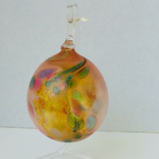 Vintage Hand Blown Art Glass Ball Ornament Orb Large 4 1/2 " Pink,  Orange & Green