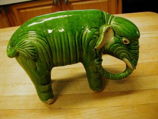 Vintage Hand Painted Green Elephant 7 - 1/2 L X 5 - 3/4 H X 2 - 3/4 Deep - -