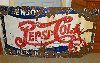 Vtg Double Dot Pepsi Cola 5 Cents Hits The Spot Soda Sign Rustic 56 " W X 32 " H