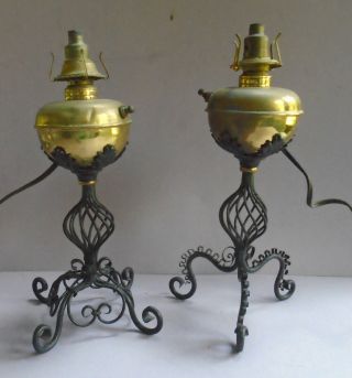 Two Similar Antique Oil Lamps - Brass And Wrought Iron - Electrified & Switched