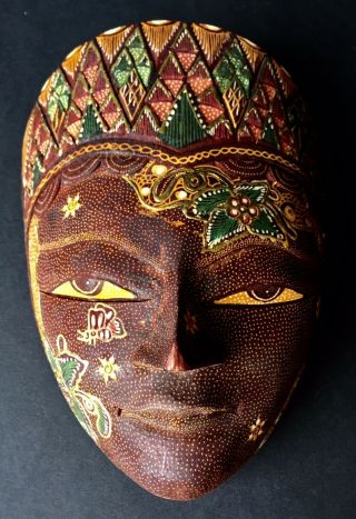 Carved Wood Batik Mask Indonesia Bali Hand Painted Balinese Folk Art