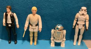 4 Vintage Star Wars Action Figures Han (small Head),  Luke,  R2 - D2,  Stormtrooper