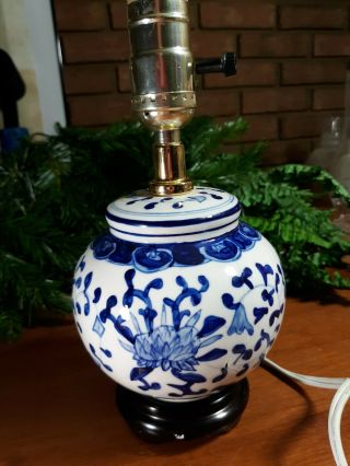 Porcelain Lamp Asian Blue On White Ball Ginger Jar Footed