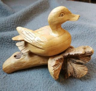 Vintage Hand Carved Wooden Duck Mounted On Unusual Carved Wood Piece - 5 Inches