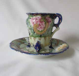 Unique Vtg Elaborately Hand Painted Footed Cup & Saucer Blue Pink Green & Gold