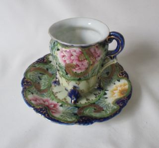 Unique Vtg Elaborately Hand Painted Footed Cup & Saucer Blue Pink Green & Gold 2