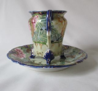 Unique Vtg Elaborately Hand Painted Footed Cup & Saucer Blue Pink Green & Gold 3