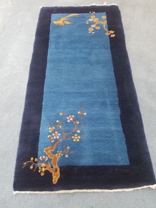 Antique Art Deco Chinese Rug Wool Hand Knotted Indigo Blue 2 