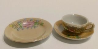 Vintage Miniature Lusterware Tea Cup/saucer And Plate Occupied Japan