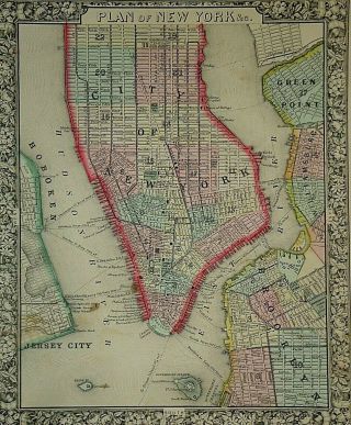 Vintage 1864 York City - Brooklyn - Jersey City Map Old Antique