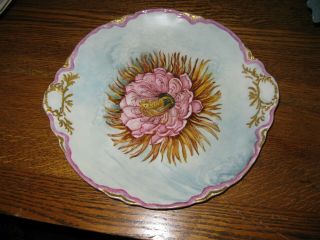 Antique Victorian Painted 2 Handled Cake Plate Floral Pink Gold Trim Porcelain