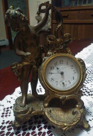 Vintage Antique Haven Cherub Cast Metal Mantel Clock Look Shelf Desk