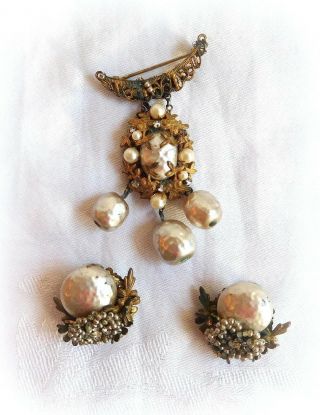Vintage Miriam Haskell Pearl Gold Pin Brooch Clip On Earring Set