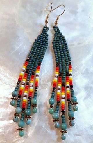 Native American Brick Stitched Iris - Teal/fire & Gold 3 1/4 " Earrings W/jasper