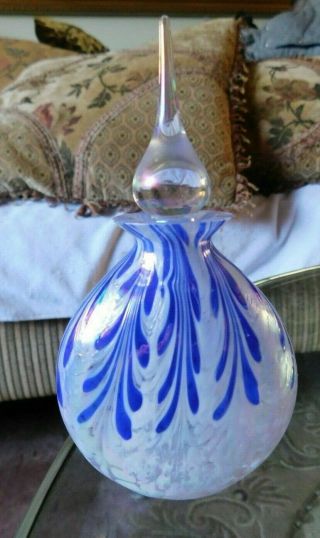 Vintage Murano Art Glass Perfume Bottle W/ Opal Glass Stopper Blue/white