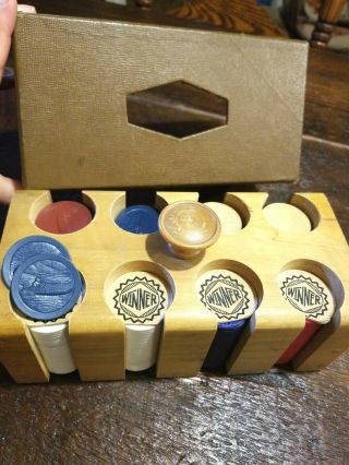 Vintage Speed Boat Poker Chips Set Wood Rack With Cover