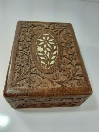 Vintage Wooden Hand Carved Jewellery Box With Mother Of Pearl Inlay