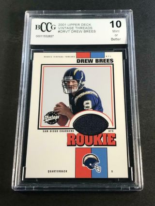 Drew Brees 2001 Upper Deck Vintage Threads Jersey Rookie Rc Bgs Bccg Graded 10