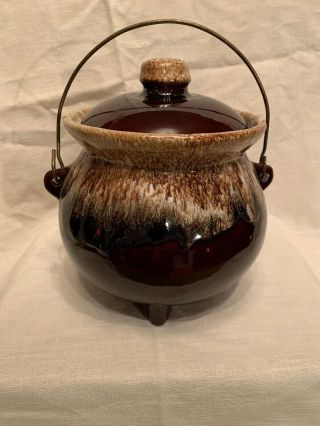 Vintage Brown Drip Glazed Bean Pot Stone Ware Pottery With Lid And Metal Handle