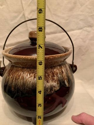 Vintage Brown Drip Glazed Bean Pot Stone Ware Pottery With Lid And Metal Handle 2