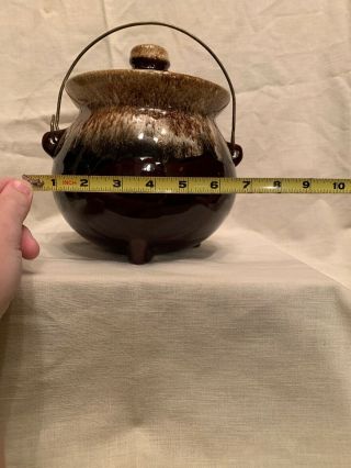 Vintage Brown Drip Glazed Bean Pot Stone Ware Pottery With Lid And Metal Handle 3