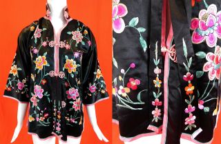 Antique Chinese Black Silk Pink Embroidered Peony Flower Bird Robe Jacket Vtg