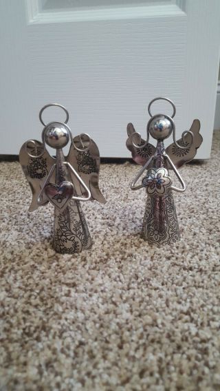Silvertone Metal 4 " Heart And Flower Angel Figurine Ornament Bell Set Of 2 Guc