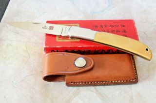 Vintage Al Mar Seki Japan Yellow Micarta Lock Back Leather Sheath Knife Nib