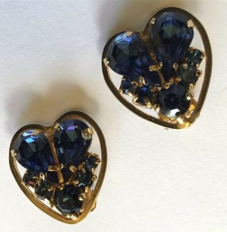 Vintage Weiss Signed Blue Rhinestone Heart Earrings