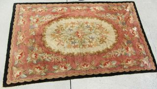 Large Fne Antique Vintage Hand Hooked Hook Rug Floral Country French 72 " X 110 "