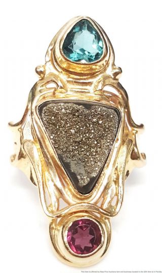 14k Gold Vintage Arts Crafts Hand Made 3 Stone Ring Druzy Quartz Garnet Topaz