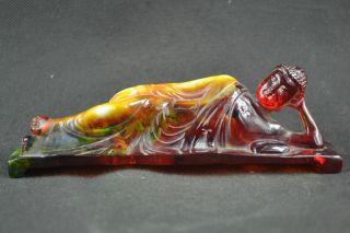 Old Collectibles Decorated Amber Carving Sleeping Buddha Auspicious Statue