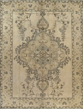 Muted Geometric Oriental Area Rug Wool Hand - Knotted Medallion Carpet 8x11 Ivory