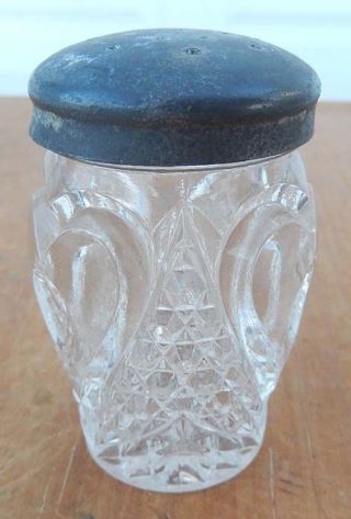 Antique Eapg Pressed Glass Salt W/ Pewter Lid - Hearts Pattern