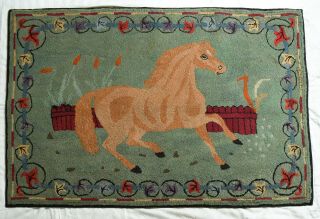 Antique 52 " American Hooked Rug,  Folk Art,  Horse Animal Design,  Green Background