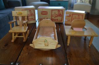 Vintage Strombecker 8 " Baby Doll Furniture Crib,  Nursery Chair