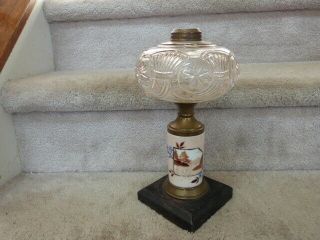 Antique Eapg Horn Of Plenty Oil Kerosene Lamp Hand Painted Milk Glass 11.  5 "