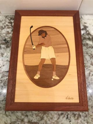 Vintage Hudson River Wood Framed Marquetry Artist Inlay Ms.  Golf Picture Nelson