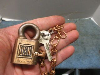 Cond Old Brass Ptpk Push Padlock Lock U.  S.  N.  Electric Navy Logo Orig Key Nr