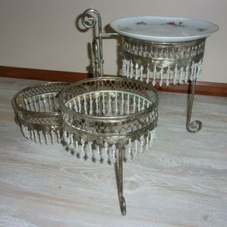Vintage Dessert Tray Three Tiered Stand Beaded Ornate Unique Swivel